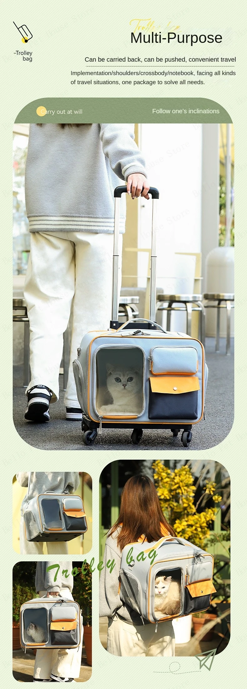 Cat Carrier Bag Pet Trolley Case Small Dog Luggage Bags Portable Cat Backpack Pushable Shoulder/Portable/Diagonal Bag Detachable Cat Carrier Bag Pet Trolley Case Small Dog Luggage Bags Portable Cat Backpack Pushable Shoulder/Portable/Diagonal Bag Detachable - Image 17