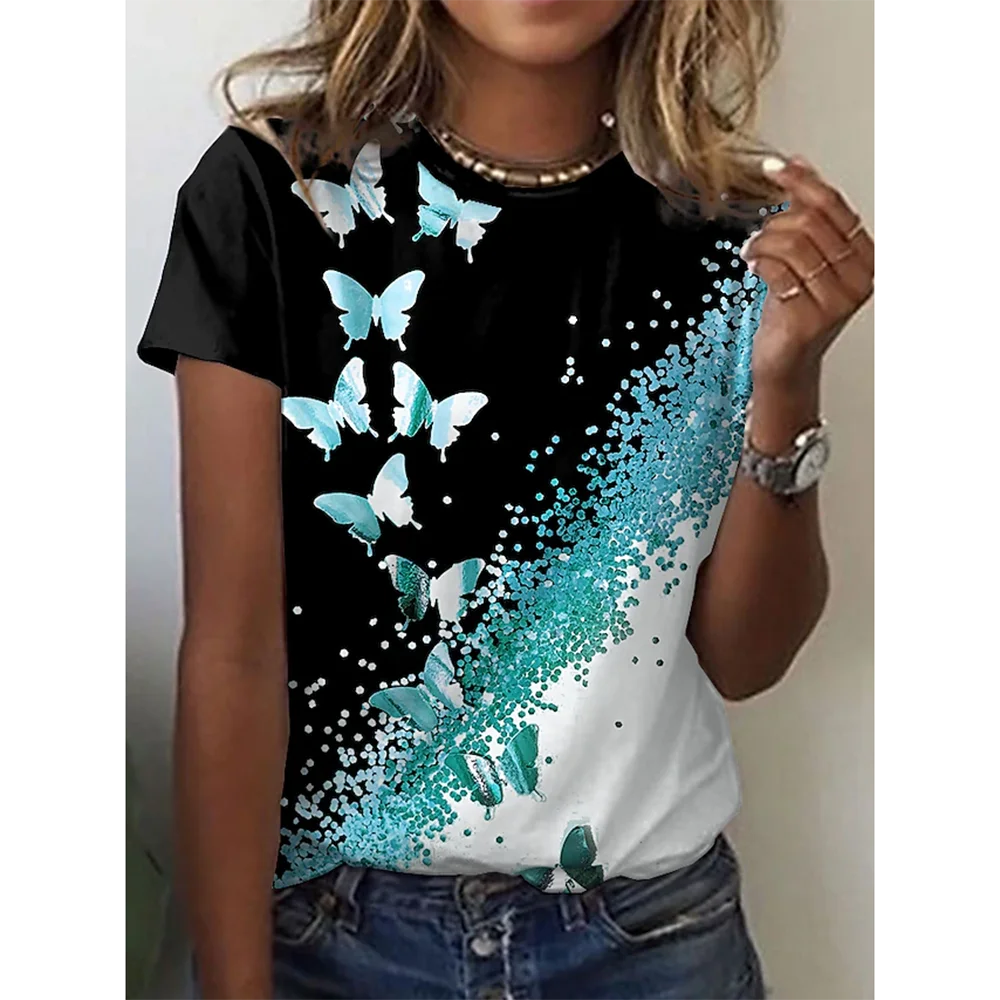 2024 Neue Oansatz 3D Schmetterling Print T Shirt Frauen T-Shirt Sommer Mode Kurzarm Tops Übergroßen Sommer Top Weibliche Kleidung 2024 Neue Oansatz 3D Schmetterling Print T Shirt Frauen T-Shirt Sommer Mode Kurzarm Tops Übergroßen Sommer Top Weibliche Kleidung