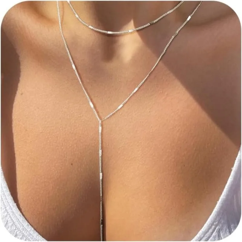 Halskette Mit Y-Förmigem Anhänger Aus 14 Karat Vergoldetem Edelstahl/Silber Für Damen, Trendige Mehrlagige Halsketten Mit Hammerperlen, Geschenk Halskette Mit Y-Förmigem Anhänger Aus 14 Karat Vergoldetem Edelstahl/Silber Für Damen, Trendige Mehrlagige Halsketten Mit Hammerperlen, Geschenk