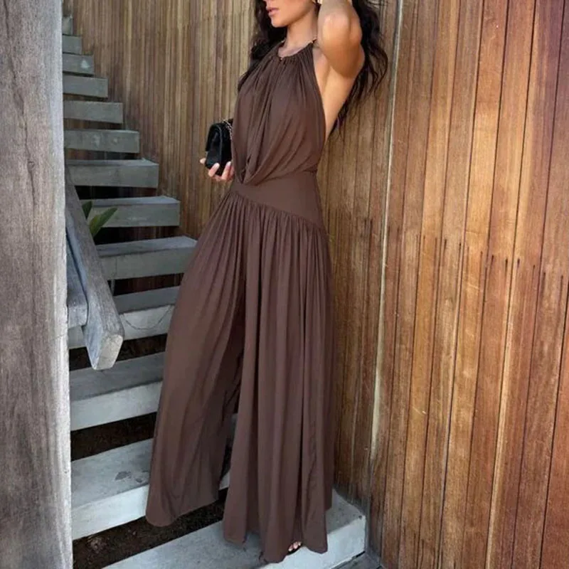 Sommerlicher Damenanzug, Sexy Neckholder-Overall Mit Offenem Rücken Und Lange Hose, Elegantes, Drapiertes 2-Teiliges Outfit Für Frühling Und Sommer. Sommerlicher Damenanzug, Sexy Neckholder-Overall Mit Offenem Rücken Und Lange Hose, Elegantes, Drapiertes 2-Teiliges Outfit Für Frühling Und Sommer.