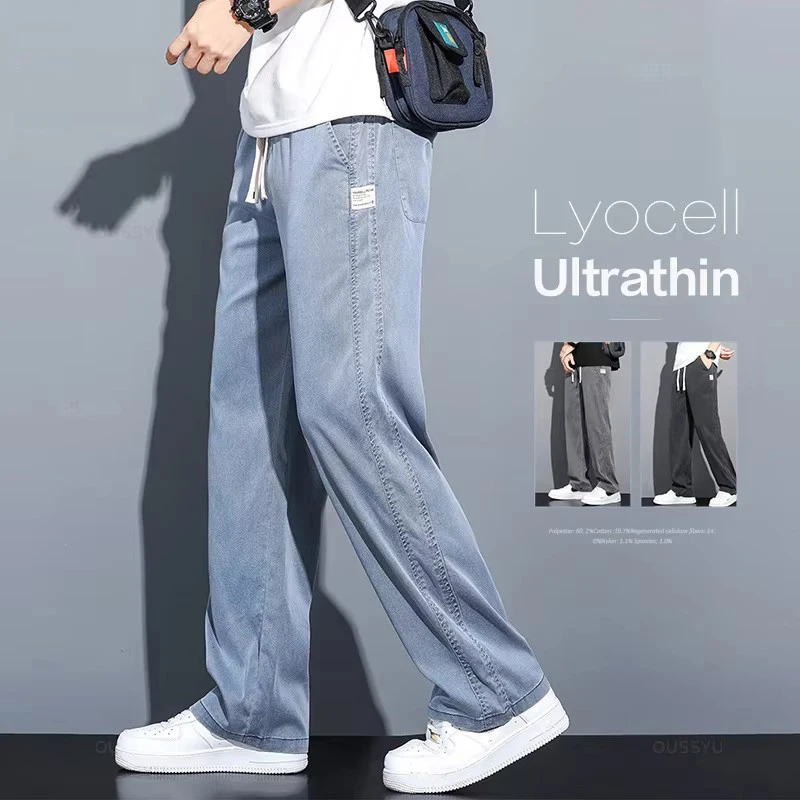 Summer Soft Lyocell Fabric Men'S Jeans Thin Loose Straight Pants Drawstring Elastic Waist Korea Casual Trousers Plus Size M-5Xl Summer Soft Lyocell Fabric Men'S Jeans Thin Loose Straight Pants Drawstring Elastic Waist Korea Casual Trousers Plus Size M-5Xl