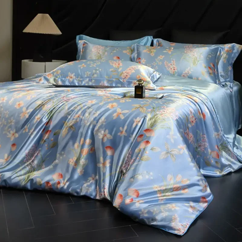 100% Natural Mulberry Silk Fitted Sheet Bedding Sets 3D Printed Satin Cooling Quilt Cover Set For Summer Single Double Bed Kit 100% Natural Mulberry Silk Fitted Sheet Bedding Sets 3D Printed Satin Cooling Quilt Cover Set For Summer Single Double Bed Kit - Image 5