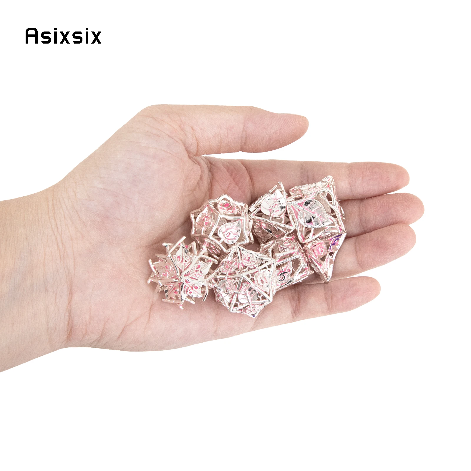 7 Pcs Pink Leaf Flower Metal Dice Hollow Metal Polyhedral Dice Set Suitable For Role-Playing Rpg Board Game Card Game 7 Pcs Pink Leaf Flower Metal Dice Hollow Metal Polyhedral Dice Set Suitable For Role-Playing Rpg Board Game Card Game - Image 2