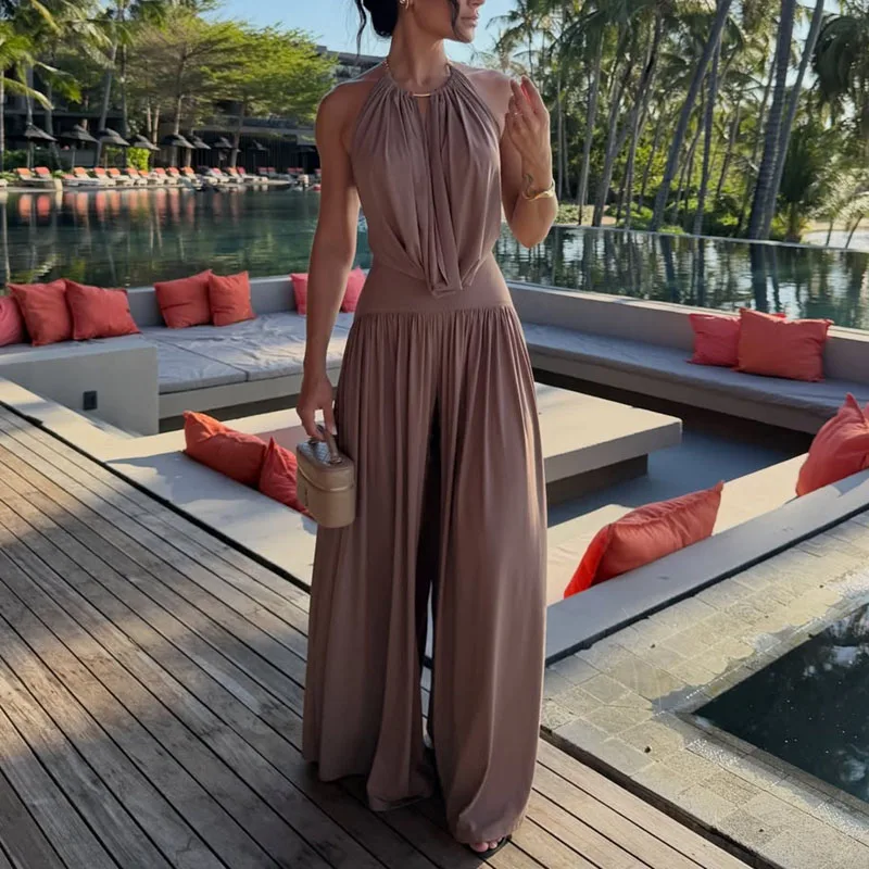 Sommerlicher Damenanzug, Sexy Neckholder-Overall Mit Offenem Rücken Und Lange Hose, Elegantes, Drapiertes 2-Teiliges Outfit Für Frühling Und Sommer. Sommerlicher Damenanzug, Sexy Neckholder-Overall Mit Offenem Rücken Und Lange Hose, Elegantes, Drapiertes 2-Teiliges Outfit Für Frühling Und Sommer. - Image 5