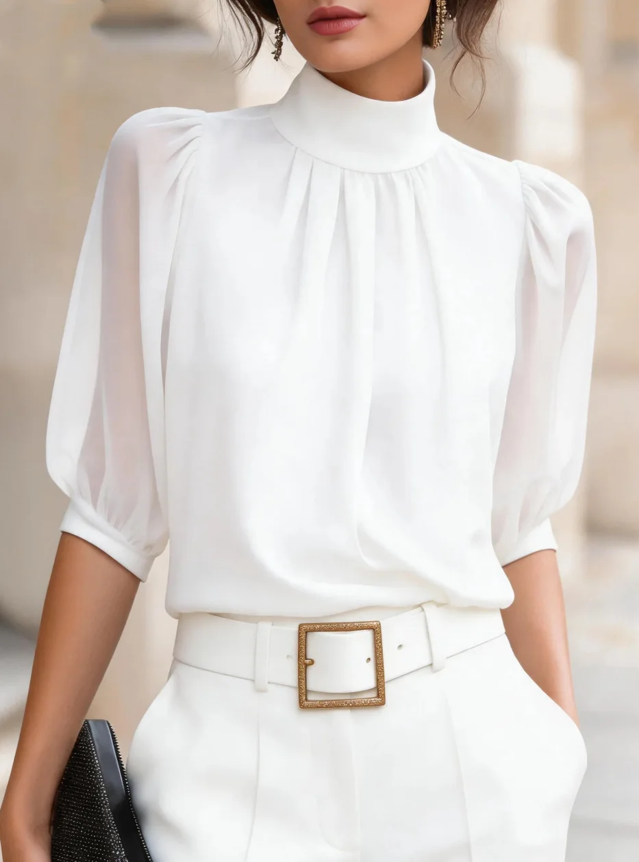 Halbärmelige, Plissierte Chiffonbluse Mit Stehkragen Für Damen, Elegantes Büro-Oberteil Für Damen, Frühling/Sommer, Locker Geschnittenes, Modisches Hemd Halbärmelige, Plissierte Chiffonbluse Mit Stehkragen Für Damen, Elegantes Büro-Oberteil Für Damen, Frühling/Sommer, Locker Geschnittenes, Modisches Hemd - Image 9