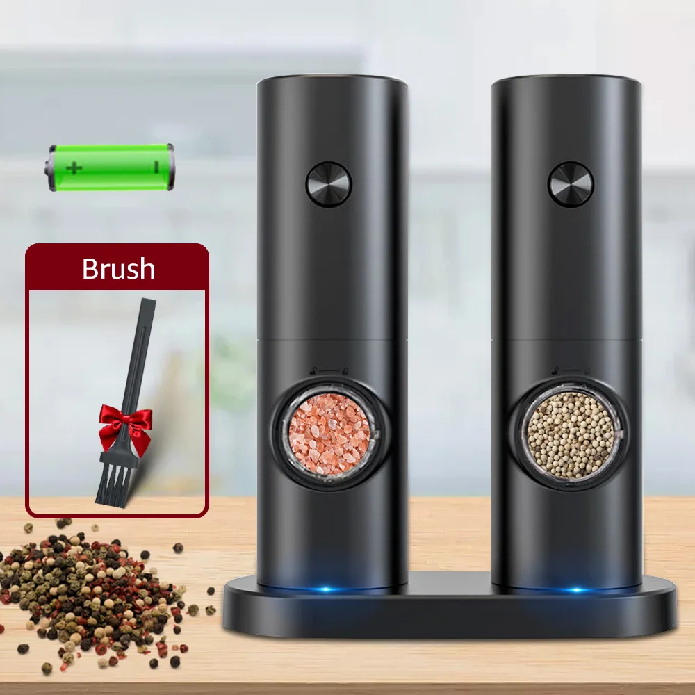 Electric Automatic Mill Pepper And Salt Grinder With Base Set Battery Powered With Led Light Adjustable Coarseness Kitchen Tool Electric Automatic Mill Pepper And Salt Grinder With Base Set Battery Powered With Led Light Adjustable Coarseness Kitchen Tool