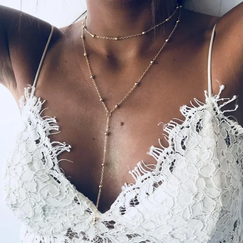 Vergoldete Lariat-Halskette Für Frauen, Doppelte Laryer, Lange Kette, Tropfen-Anhänger, Choker-Halsketten, Modische Geschenke Vergoldete Lariat-Halskette Für Frauen, Doppelte Laryer, Lange Kette, Tropfen-Anhänger, Choker-Halsketten, Modische Geschenke - Image 2