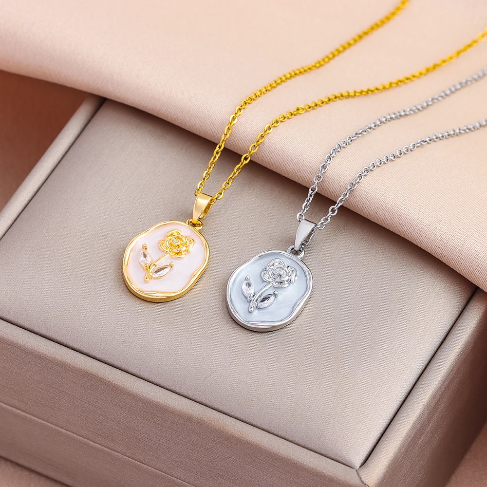 Top Luxus 18K Gold Überzogene Elegante Retro Oval Rose Anhänger Halsketten Für Frauen Weibliche Edelstahl Hals Kette Schmuck Geschenk Top Luxus 18K Gold Überzogene Elegante Retro Oval Rose Anhänger Halsketten Für Frauen Weibliche Edelstahl Hals Kette Schmuck Geschenk
