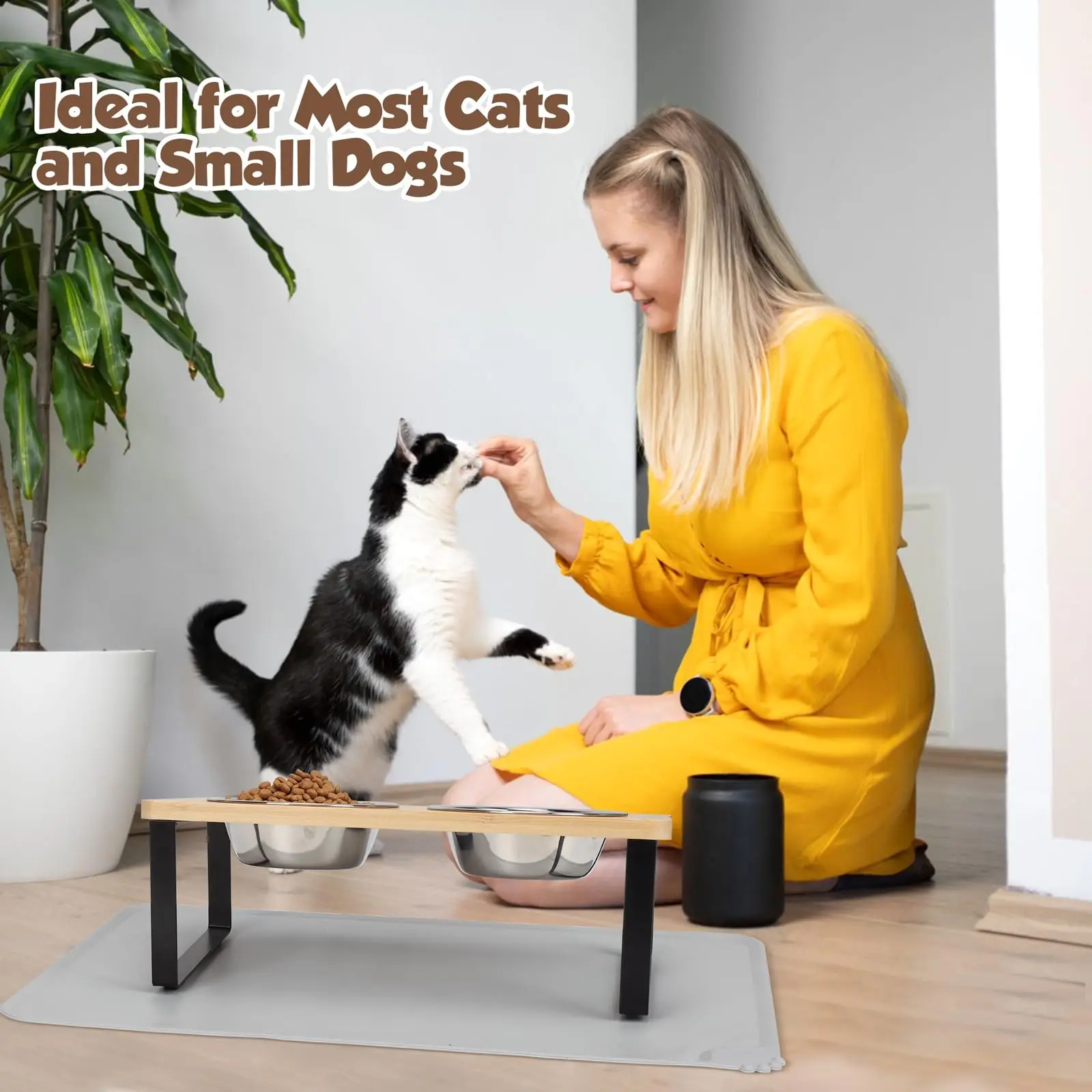 Elevated Cat Bowls With Food Mat 15° Tilted Stand Raised Cat Dishes For Food And Water Feeder 2 Stainless Steel Bowls For Cats Elevated Cat Bowls With Food Mat 15° Tilted Stand Raised Cat Dishes For Food And Water Feeder 2 Stainless Steel Bowls For Cats - Image 6