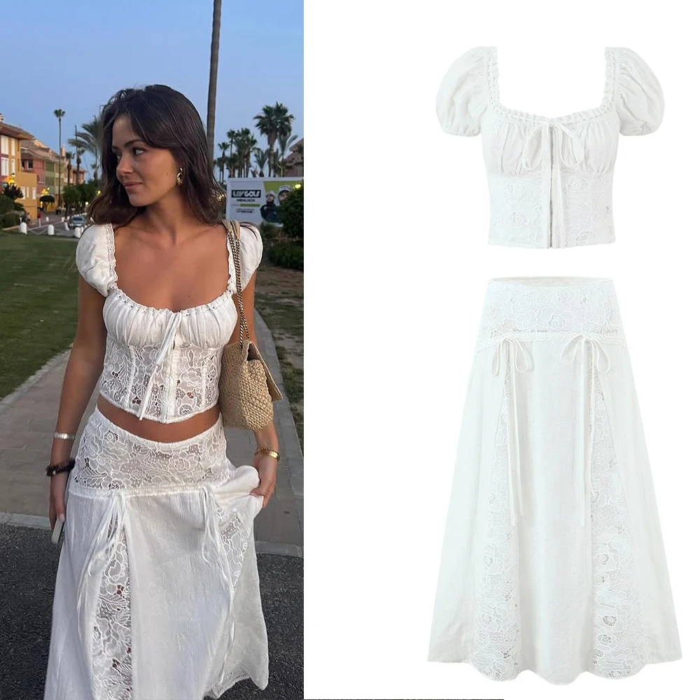 Suninheart Damen-Set, Weiß, Y2K-Vintage-Stil, Spitze, Quadratischer Ausschnitt, Kurzes Oberteil Und Maxirock, Urlaubskleid, Boho-Strandmode Suninheart Damen-Set, Weiß, Y2K-Vintage-Stil, Spitze, Quadratischer Ausschnitt, Kurzes Oberteil Und Maxirock, Urlaubskleid, Boho-Strandmode - Image 4