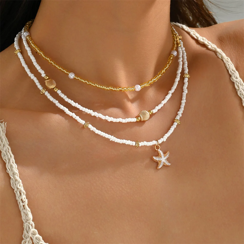 Summer Bead Stacked Choker Delicate Starfish Shell Pendant Necklace Women'S Bohemian Beach Party Vacation Jewelry Summer Bead Stacked Choker Delicate Starfish Shell Pendant Necklace Women'S Bohemian Beach Party Vacation Jewelry - Image 2