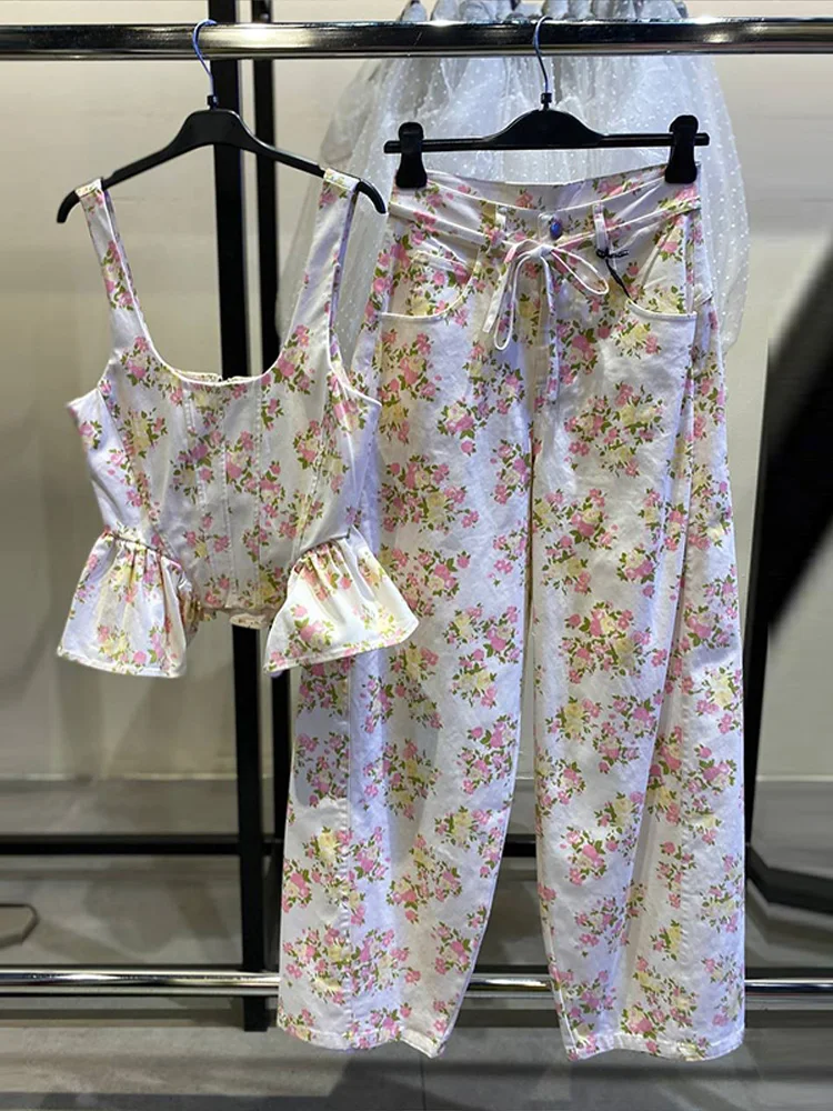 Damen Hosen Set Mit Rüschen Und Blumenmuster – Ärmelloses Oberteil Mit Geraffter Taille Und Gerader Schnürhose Damen Hosen Set