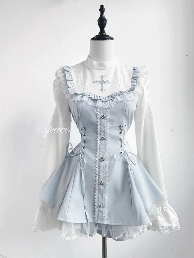 Frauen Kleidung Kleid Anzug Zwei Stück Sets Roupas Femme Lolita Stil Schlanke Taille Bogen Spitze Süße Kleider Outfits Japanische Nette Set Frauen Kleidung Kleid Anzug Zwei Stück Sets Roupas Femme Lolita Stil Schlanke Taille Bogen Spitze Süße Kleider Outfits Japanische Nette Set - Image 3