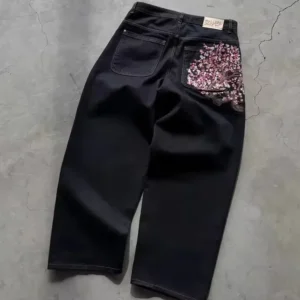 Vintage Low Waist Hip Hop Kirschblüten bestickte Jeans weites Bein Hose Y2K Kleidung Herren Damen bestickte Baggy-Jeans