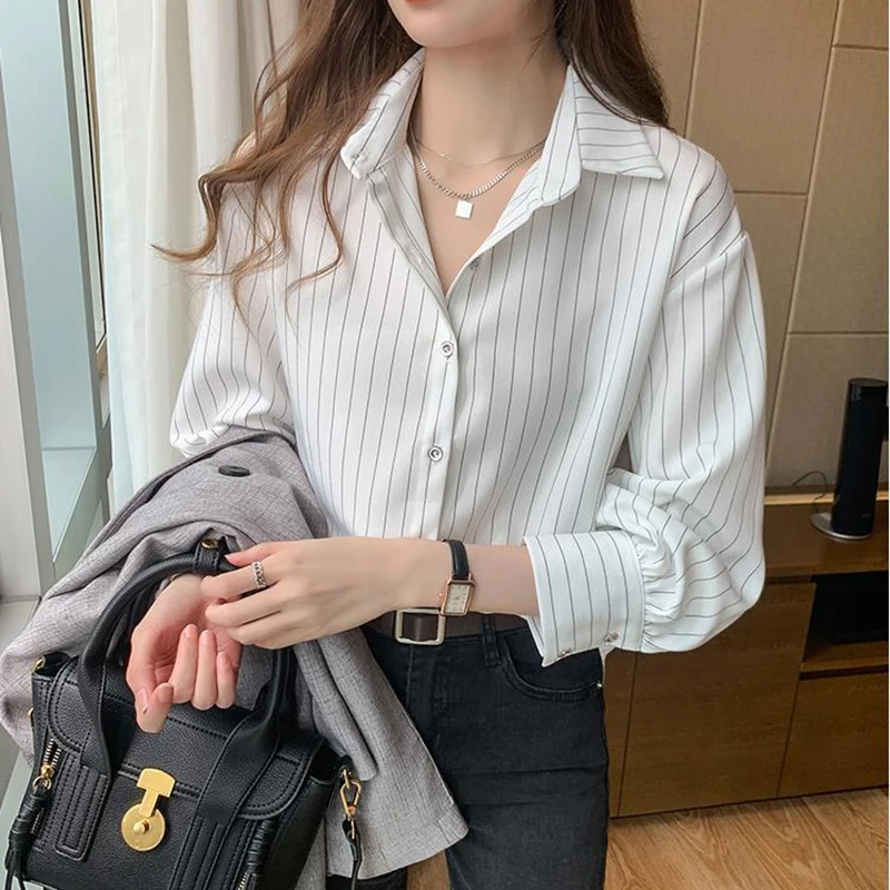 Gestreiftes Hemd Damen Sommer Vintage Chic Lose Langarm Top Y2K Büro Damen Mode Lässig Umlegekragen All Match Bluse Gestreiftes Hemd Damen Sommer Vintage Chic Lose Langarm Top Y2K Büro Damen Mode Lässig Umlegekragen All Match Bluse - Image 6