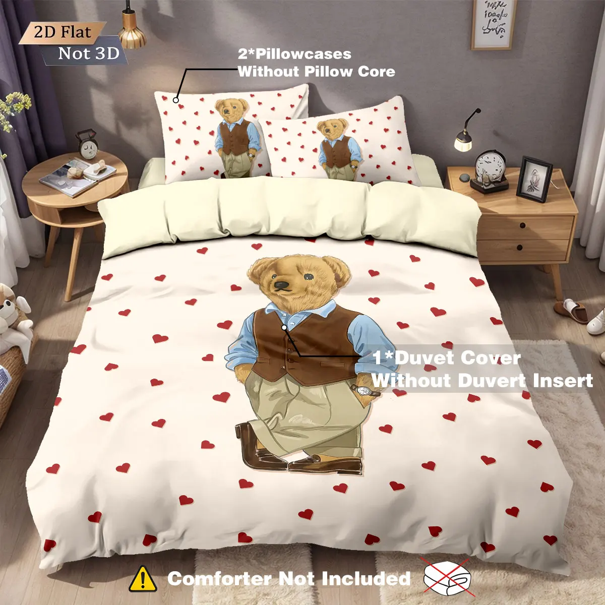3Pcs Cute Doll Bear Printed Core Free Down Duvet Cover Set, Multi Size Bedding Decoration Bedrooms Dormitories Machine Washable 3Pcs Cute Doll Bear Printed Core Free Down Duvet Cover Set, Multi Size Bedding Decoration Bedrooms Dormitories Machine Washable