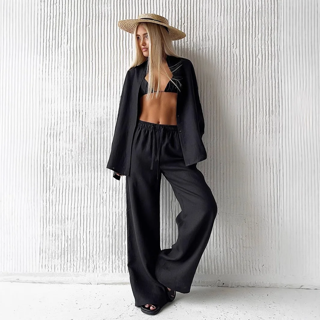 Damen 2025 Baumwoll-Hemd-Hosen-Anzug Locker Langärmelig Lässig Frühling Sommer Neue Modische Elegante Kleidung Damen 2025 Baumwoll-Hemd-Hosen-Anzug Locker Langärmelig Lässig Frühling Sommer Neue Modische Elegante Kleidung - Image 3