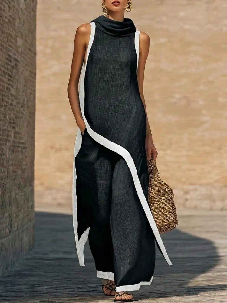 Damen Zweiteiler Mit Asymmetrischem Top Und Weiter Hose – Ärmelloses Sommer-Set Mit Kontrastdetails Damen Zweiteiler Mit Asymmetrischem Top Und Weiter Hose – Ärmelloses Sommer-Set Mit Kontrastdetails - Image 4