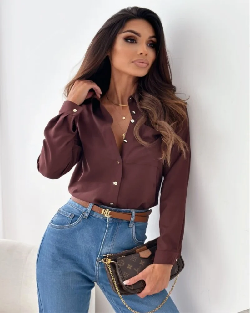 Frauen Elegante Feste Chiffon Bluse Frühling Sommer Lässig Langarm V-Ausschnitt Lose Hemd Büro Dame Tuniken Übergroße Tops 2024 Frauen Elegante Feste Chiffon Bluse Frühling Sommer Lässig Langarm V-Ausschnitt Lose Hemd Büro Dame Tuniken Übergroße Tops 2024 - Image 5