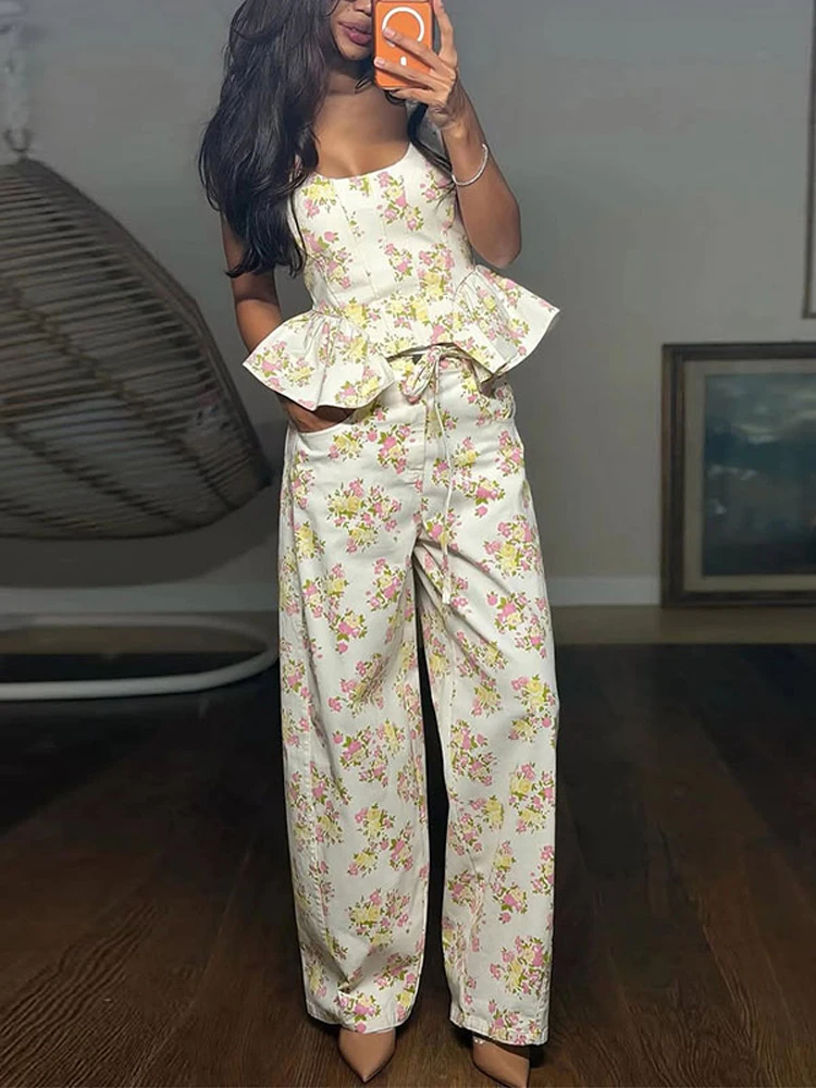 Damen-Hosenset Mit Rüschen, Blumenmuster, Ärmellosem Oberteil Mit Geraffter Taille, Gerader Hose Mit Schnürung, Lockerer Frühlingsanzug Für Damen Damen-Hosenset Mit Rüschen, Blumenmuster, Ärmellosem Oberteil Mit Geraffter Taille, Gerader Hose Mit Schnürung, Lockerer Frühlingsanzug Für Damen - Image 3
