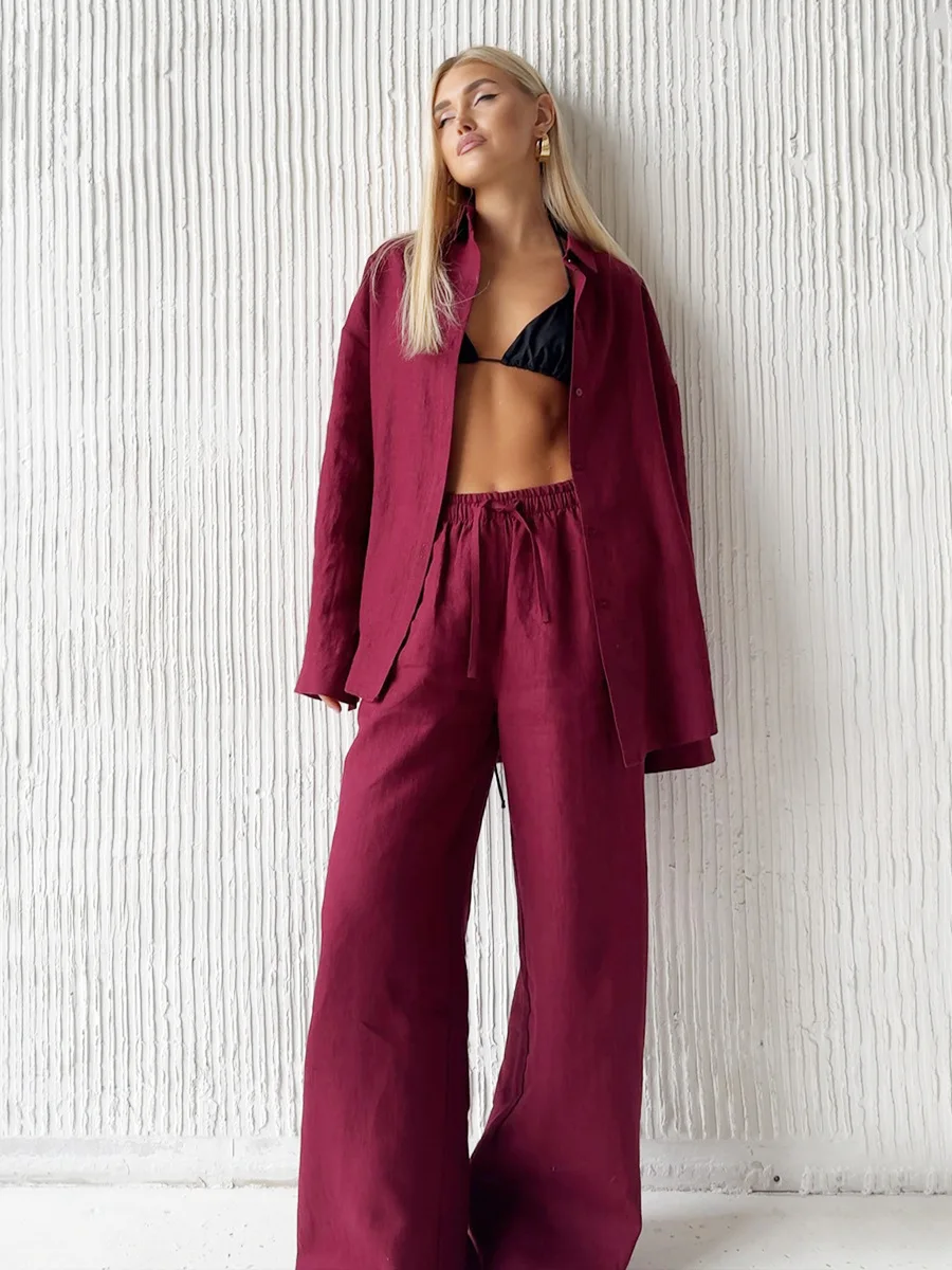 Damen 2025 Baumwoll-Hemd-Hosen-Anzug Locker Langärmelig Lässig Frühling Sommer Neue Modische Elegante Kleidung Damen 2025 Baumwoll-Hemd-Hosen-Anzug Locker Langärmelig Lässig Frühling Sommer Neue Modische Elegante Kleidung - Image 2