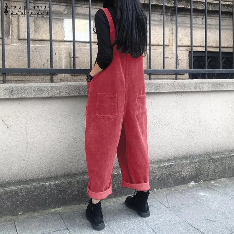 Cord-Latzhosen Für Damen, Sommer-Overalls Zanzea 2026, Lässige Hosenträger-Haremshosen, Einfarbige Damen-Rompers, Übergroße Damenmode Cord-Latzhosen Für Damen, Sommer-Overalls Zanzea 2026, Lässige Hosenträger-Haremshosen, Einfarbige Damen-Rompers, Übergroße Damenmode - Image 2