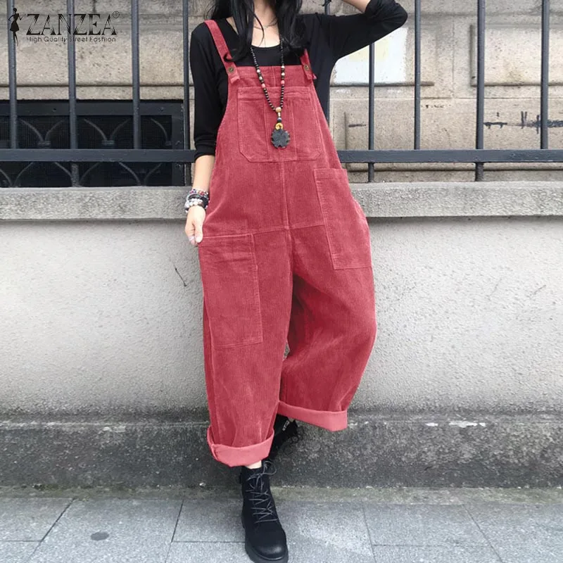Cord-Latzhosen Für Damen, Sommer-Overalls Zanzea 2026, Lässige Hosenträger-Haremshosen, Einfarbige Damen-Rompers, Übergroße Damenmode Cord-Latzhosen Für Damen, Sommer-Overalls Zanzea 2026, Lässige Hosenträger-Haremshosen, Einfarbige Damen-Rompers, Übergroße Damenmode
