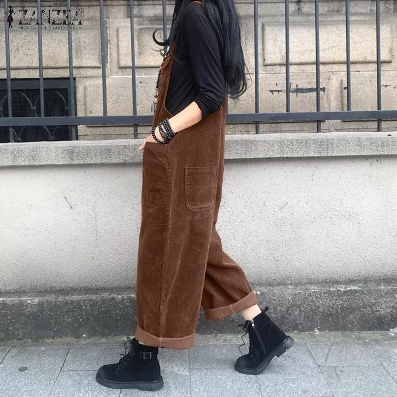 Cord-Latzhosen Für Damen, Sommer-Overalls Zanzea 2026, Lässige Hosenträger-Haremshosen, Einfarbige Damen-Rompers, Übergroße Damenmode Cord-Latzhosen Für Damen, Sommer-Overalls Zanzea 2026, Lässige Hosenträger-Haremshosen, Einfarbige Damen-Rompers, Übergroße Damenmode - Image 4