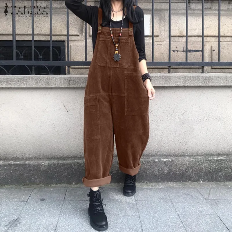 Cord-Latzhosen Für Damen, Sommer-Overalls Zanzea 2026, Lässige Hosenträger-Haremshosen, Einfarbige Damen-Rompers, Übergroße Damenmode Cord-Latzhosen Für Damen, Sommer-Overalls Zanzea 2026, Lässige Hosenträger-Haremshosen, Einfarbige Damen-Rompers, Übergroße Damenmode - Image 3