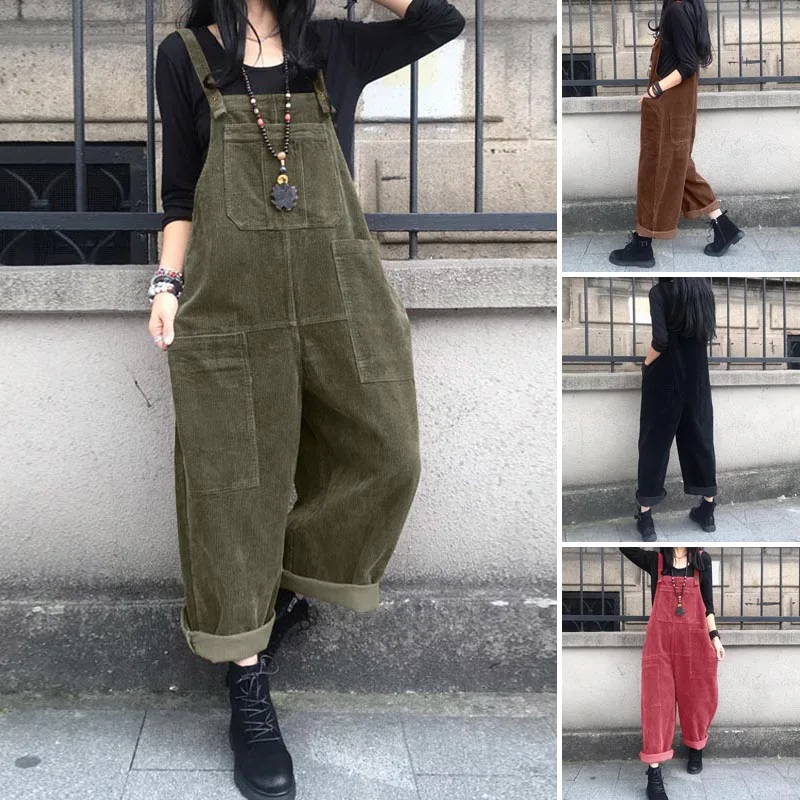 Cord-Latzhosen Für Damen, Sommer-Overalls Zanzea 2026, Lässige Hosenträger-Haremshosen, Einfarbige Damen-Rompers, Übergroße Damenmode Cord-Latzhosen Für Damen, Sommer-Overalls Zanzea 2026, Lässige Hosenträger-Haremshosen, Einfarbige Damen-Rompers, Übergroße Damenmode - Image 5
