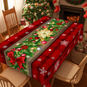 1-teilige runde und rechteckige Weihnachtstischdecke, verschiedene Größen, rote Tischdecke mit Stechpalmen-Beeren-Schleife und Schneeflocken-Druckmuster für die tägliche Küche zu Hause, in der Terrasse, als Geschenke