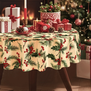 1 Stück, Weihnachten, Winter-Eistischdecke, weiße Dekoration, Stechpalmen- und Beerenmuster