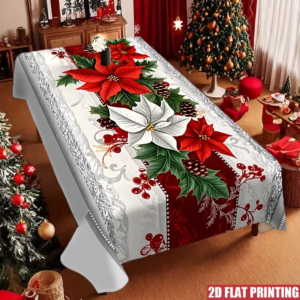 Elegante Weihnachtstischdecke, rot und grün, mit Poinsettia-Motiv, für festliche Tischdekoration, Winter- und Weihnachtsfeiern, als Tisch- und Serviettengarnitur.
