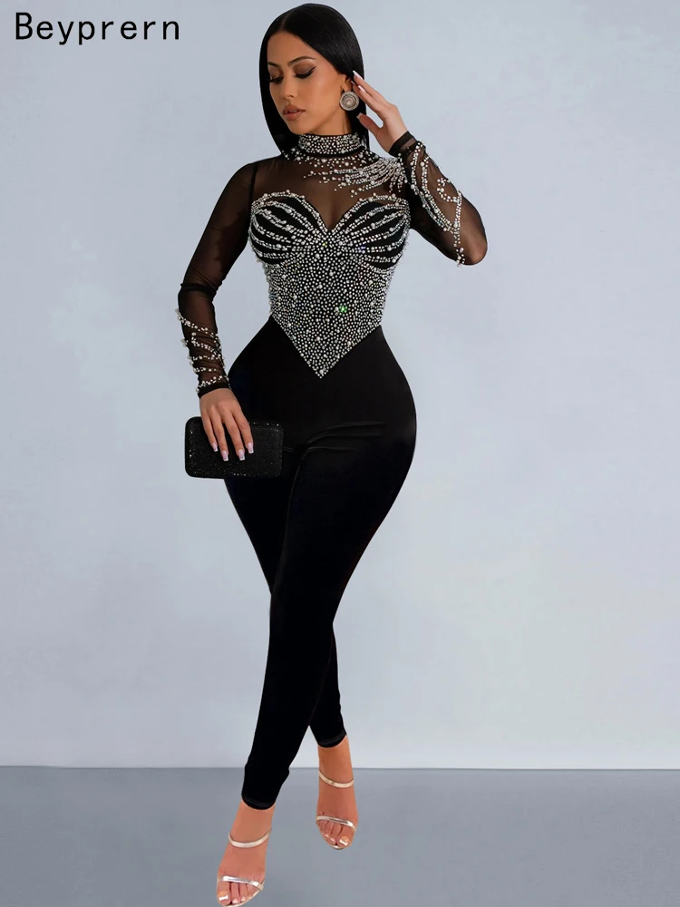 Beyprern Women'S Sheer Mesh Crystal Jumpsuits One Piece Outfits Glam Fitted Long Sleeve Pearls Rhinestone Rompers Club Overalls Beyprern Women'S Sheer Mesh Crystal Jumpsuits One Piece Outfits Glam Fitted Long Sleeve Pearls Rhinestone Rompers Club Overalls