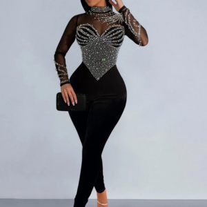 Beyprern Women's Sheer Mesh Crystal Jumpsuits One Piece Outfits Glam Fitted Long Sleeve Pearls Rhinestone Rompers Club Overalls