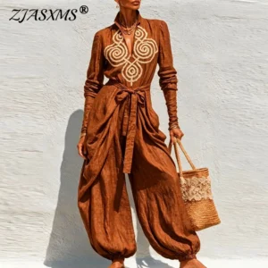 Ethnischer Jumpsuit mit Stehkragen für Damen, V-Ausschnitt, lange Ärmel, selbstbindender Gürtel, Taillenhose, Urlaubs- und Freizeitanzug, einteiliger Anzug.
