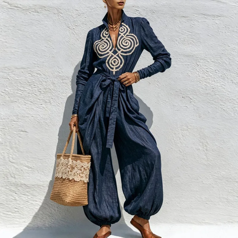 Damen-Jumpsuit Mit Stehkragen, V-Ausschnitt, Ethno-Stil, Langen Ärmeln, Taillengürtel, Haremshose, Ballonhose, Urlaubs-Outfit, Lässiger Einteiler. Damen-Jumpsuit Mit Stehkragen, V-Ausschnitt, Ethno-Stil, Langen Ärmeln, Taillengürtel, Haremshose, Ballonhose, Urlaubs-Outfit, Lässiger Einteiler. - Image 2