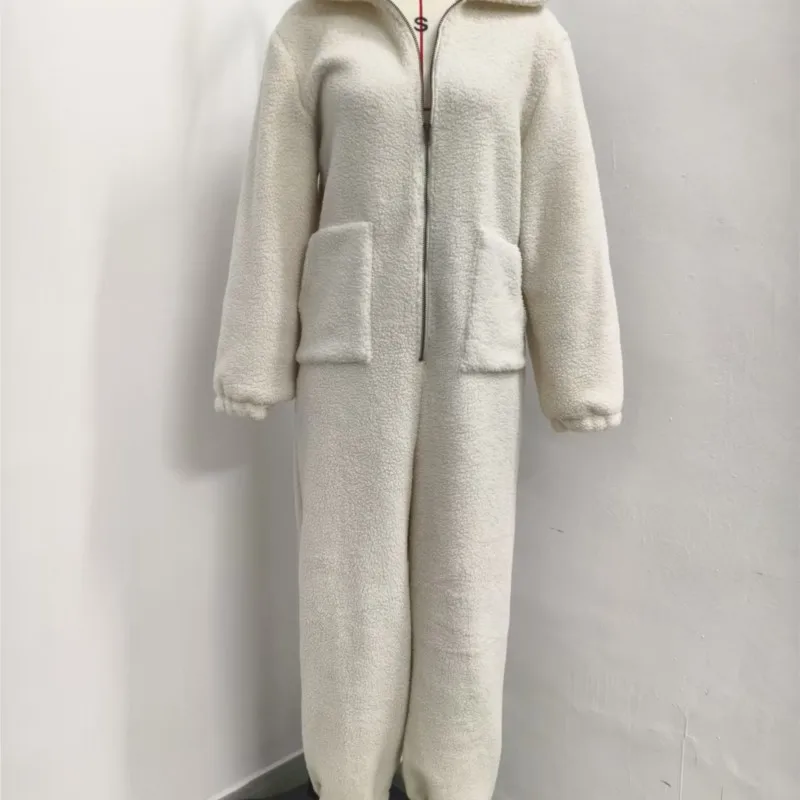 Women'S Hooded V-Neck Pocket Loose Straight Tube Plush Zipper Hooded Jumpsuit Autumn Winter Long Sleeved Pants Casual Jumpsuits Women'S Hooded V-Neck Pocket Loose Straight Tube Plush Zipper Hooded Jumpsuit Autumn Winter Long Sleeved Pants Casual Jumpsuits - Image 6