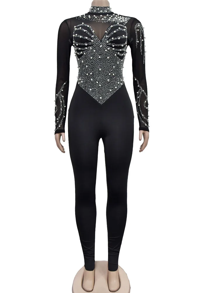 Beyprern Women'S Sheer Mesh Crystal Jumpsuits One Piece Outfits Glam Fitted Long Sleeve Pearls Rhinestone Rompers Club Overalls Beyprern Women'S Sheer Mesh Crystal Jumpsuits One Piece Outfits Glam Fitted Long Sleeve Pearls Rhinestone Rompers Club Overalls - Image 3
