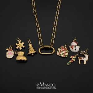 eManco Vergoldete Edelstahl-Weihnachtsanhänger: Weihnachtsmann, Schneeflocke, Baum, Schneemann, Rentier, Emaille-Anhänger für DIY-Schmuck