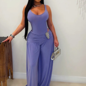 Kricesseen Damen-Jumpsuit, ärmellos, gerafft, weites Bein, Party-Overall