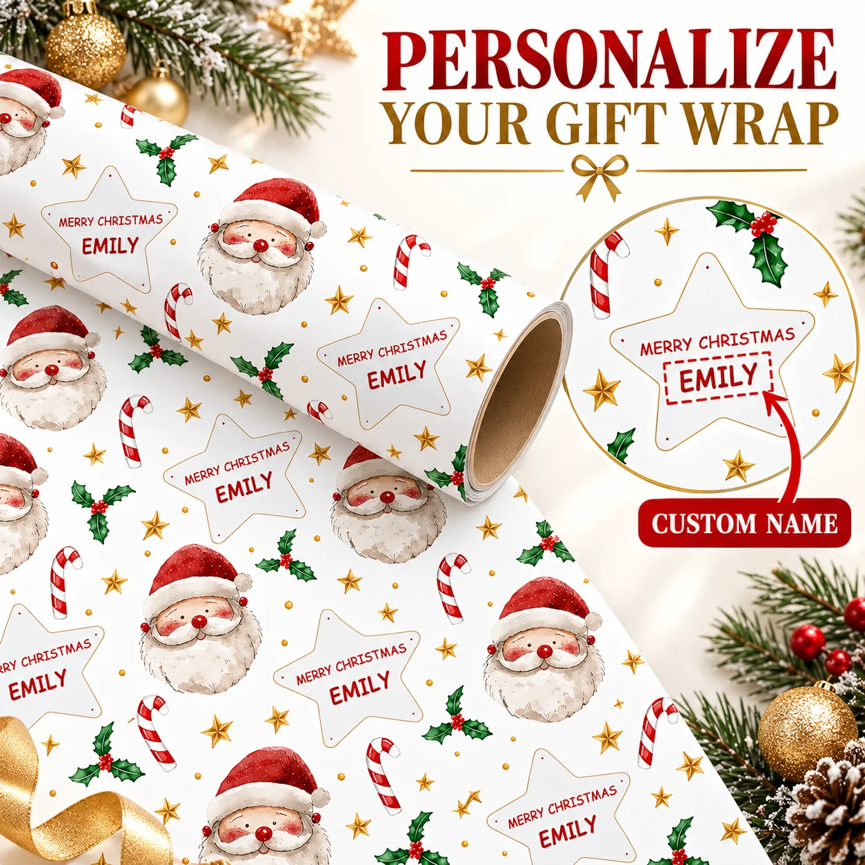 Personalisiertes Weihnachtspapier Mit Namen, Weihnachtsmann- Und Zuckerstangen-Druck, Individuelles Geschenkpapier Für Weihnachtsfeiern Und Geschenkverpackungen Personalisiertes Weihnachtspapier Mit Namen, Weihnachtsmann- Und Zuckerstangen-Druck, Individuelles Geschenkpapier Für Weihnachtsfeiern Und Geschenkverpackungen - Image 2