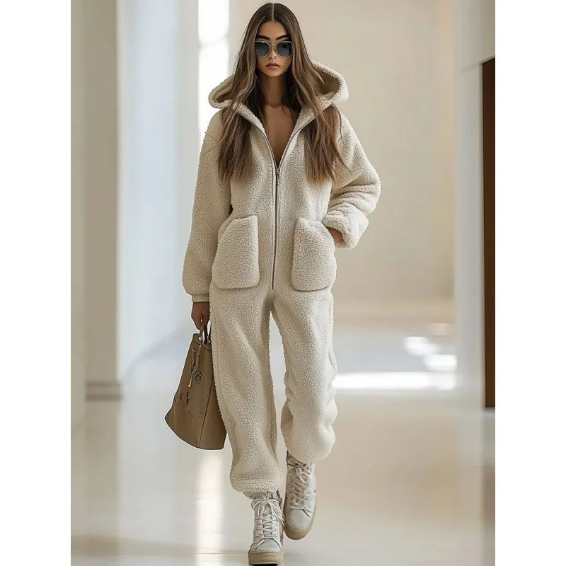 Women'S Hooded V-Neck Pocket Loose Straight Tube Plush Zipper Hooded Jumpsuit Autumn Winter Long Sleeved Pants Casual Jumpsuits Women'S Hooded V-Neck Pocket Loose Straight Tube Plush Zipper Hooded Jumpsuit Autumn Winter Long Sleeved Pants Casual Jumpsuits - Image 8