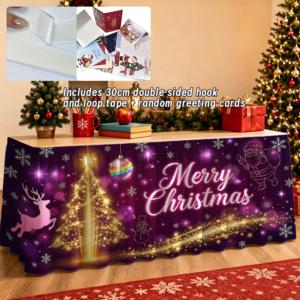 Goldene Weihnachtsbaum-Tischdecke mit lila Rentier-Design, mit einem wiederverwendbaren Gummiband oben.