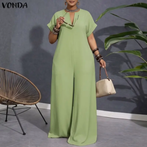 Casual Summer Short Sleeve Women Plus Size Jumpsuits VONDA Tops Wide Leg Pants OL Work Playsuits Solid Color Overalls Streetwear