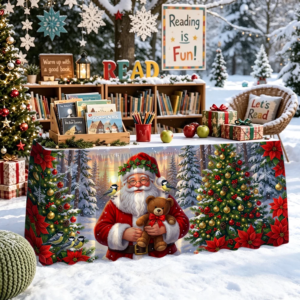 Weihnachtstischdecke mit dem Weihnachtsmann, der eine Puppe hält – perfekte Dekoration für den Tisch.