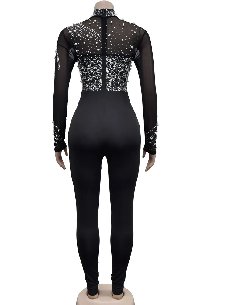 Beyprern Women'S Sheer Mesh Crystal Jumpsuits One Piece Outfits Glam Fitted Long Sleeve Pearls Rhinestone Rompers Club Overalls Beyprern Women'S Sheer Mesh Crystal Jumpsuits One Piece Outfits Glam Fitted Long Sleeve Pearls Rhinestone Rompers Club Overalls - Image 5