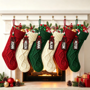 6er-Pack Weihnachtsstrümpfe, personalisierte Weihnachtsstrümpfe mit Zopfmuster und Holz-Namensschild, Familien-Weihnachtsstrümpfe zum Aufhängen für den Kamin, als Dekoration für Feiertage und Partys im Innenbereich.
