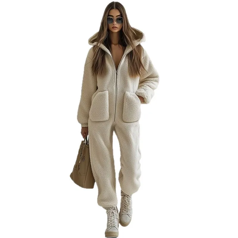 Women'S Hooded V-Neck Pocket Loose Straight Tube Plush Zipper Hooded Jumpsuit Autumn Winter Long Sleeved Pants Casual Jumpsuits Women'S Hooded V-Neck Pocket Loose Straight Tube Plush Zipper Hooded Jumpsuit Autumn Winter Long Sleeved Pants Casual Jumpsuits - Image 5