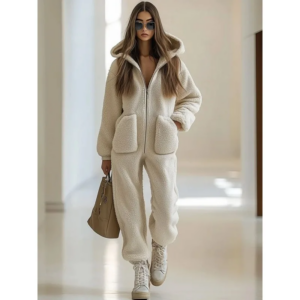 Women's Hooded V-neck Pocket Loose Straight Tube Plush Zipper Hooded Jumpsuit Autumn Winter Long Sleeved Pants Casual Jumpsuits